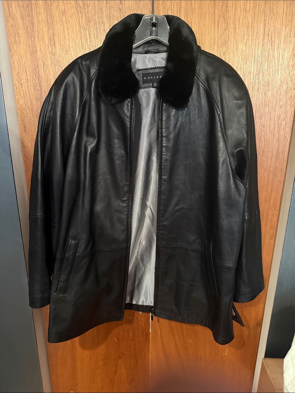 Gallery Black Leather Pea Coat with Black Fur Collar